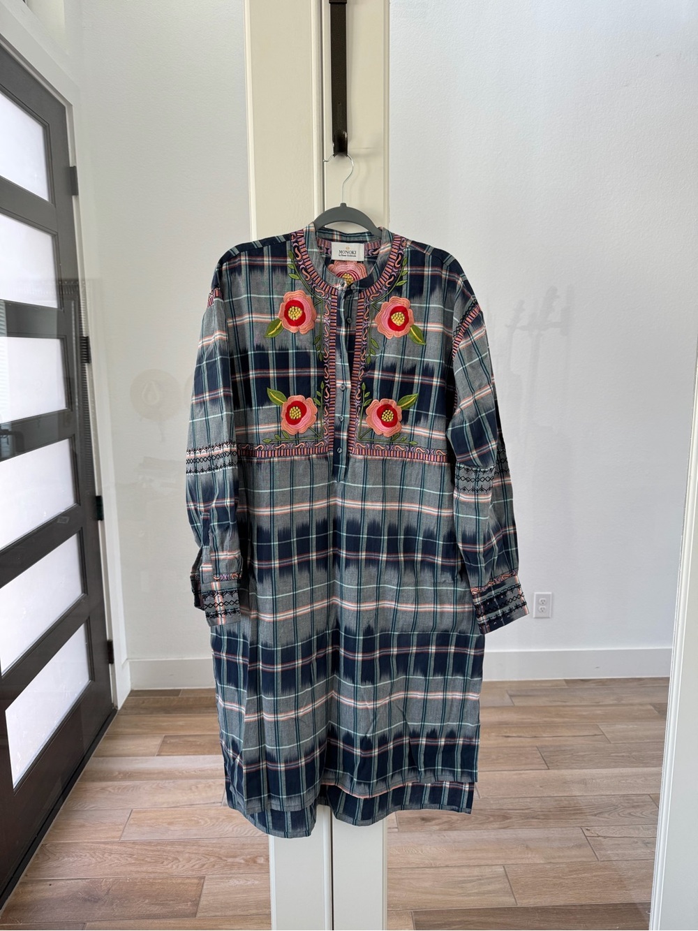 Monoki Embroidered Plaid Shirt Dress